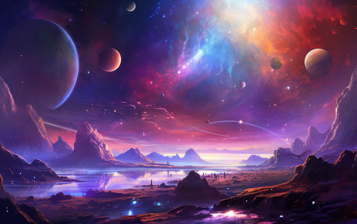 AI generated: Midjourney prompt: a galaxy with blue water, a red star and many plan... (Midjourney - Landscapes)