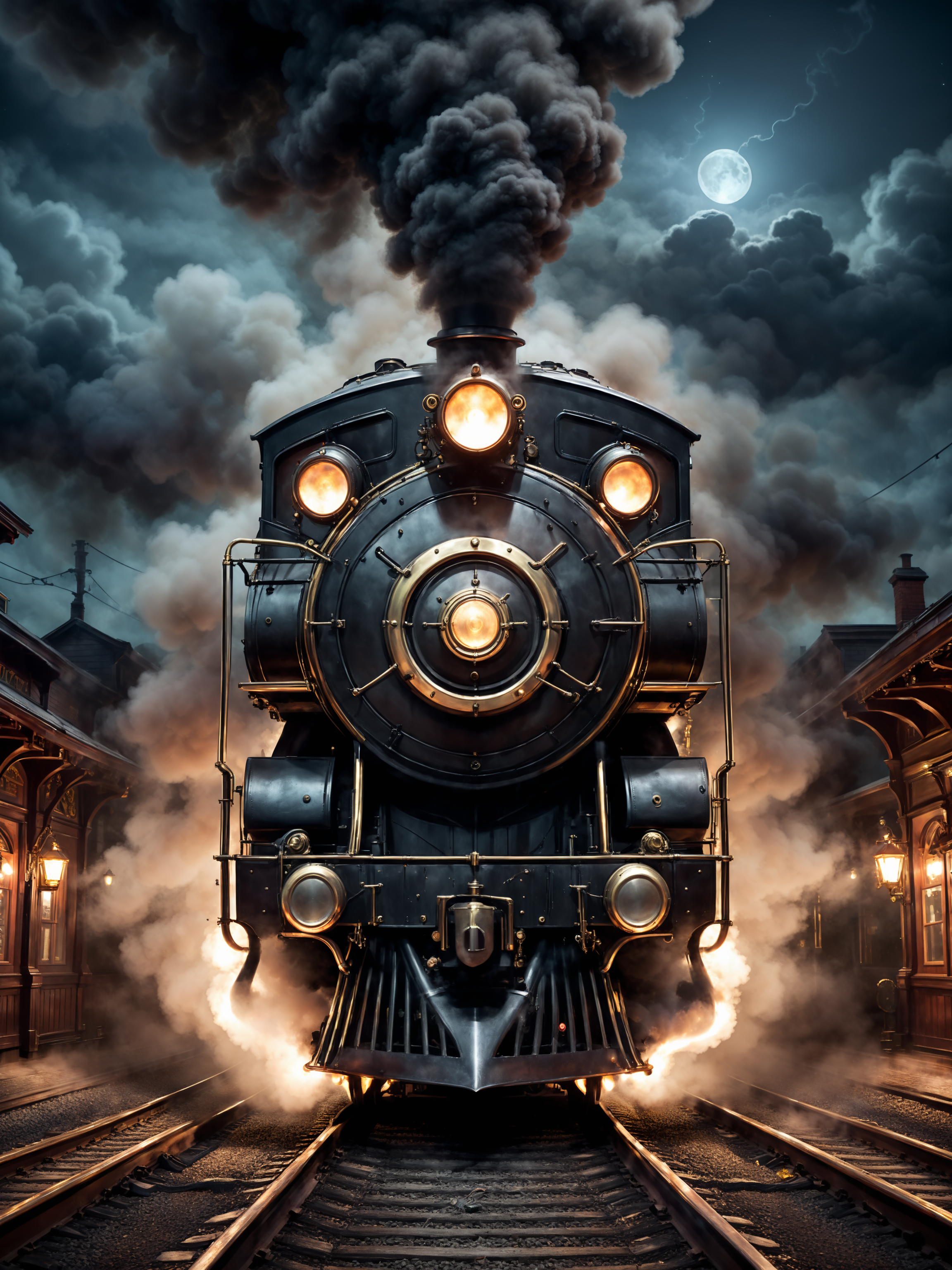 صورة مولدة بالذكاء الاصطناعي: Stable Diffusion prompt: steampunk train chugging black smoke at the statio... (نموذج Stable Diffusion - تصوير فوتوغرافي)