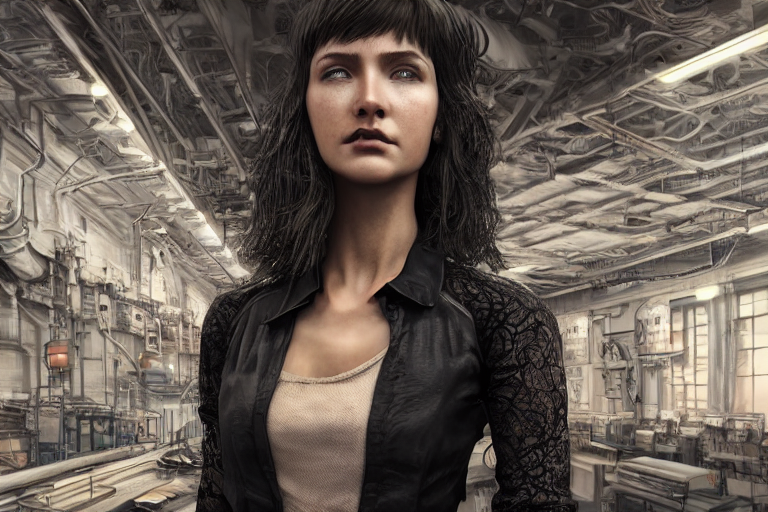 Stable Diffusion prompt: woman in a dystopian factory, de...