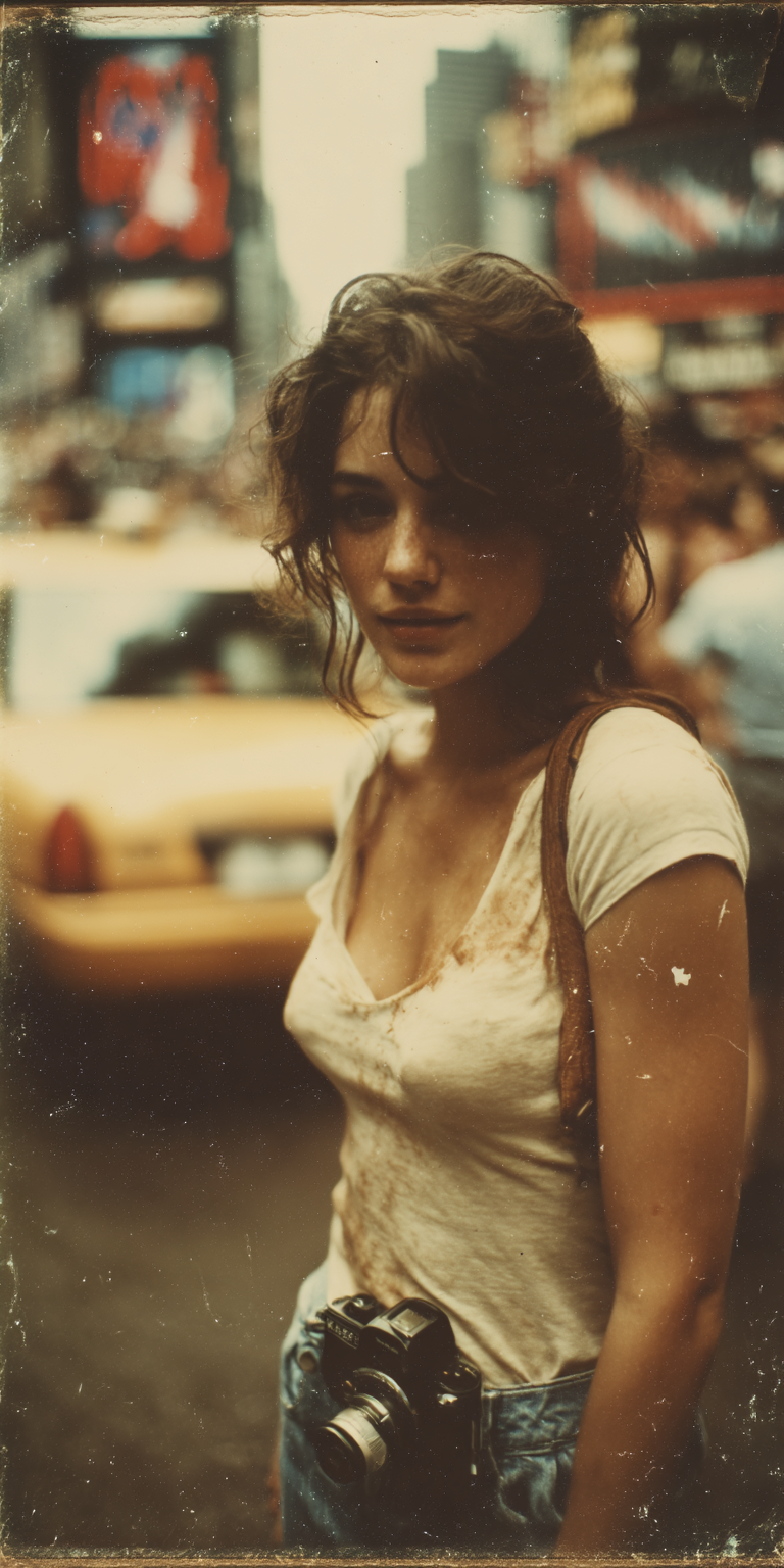 Midjourney prompt: woman, city street, in the style of Polaroid photo... - Midjourney