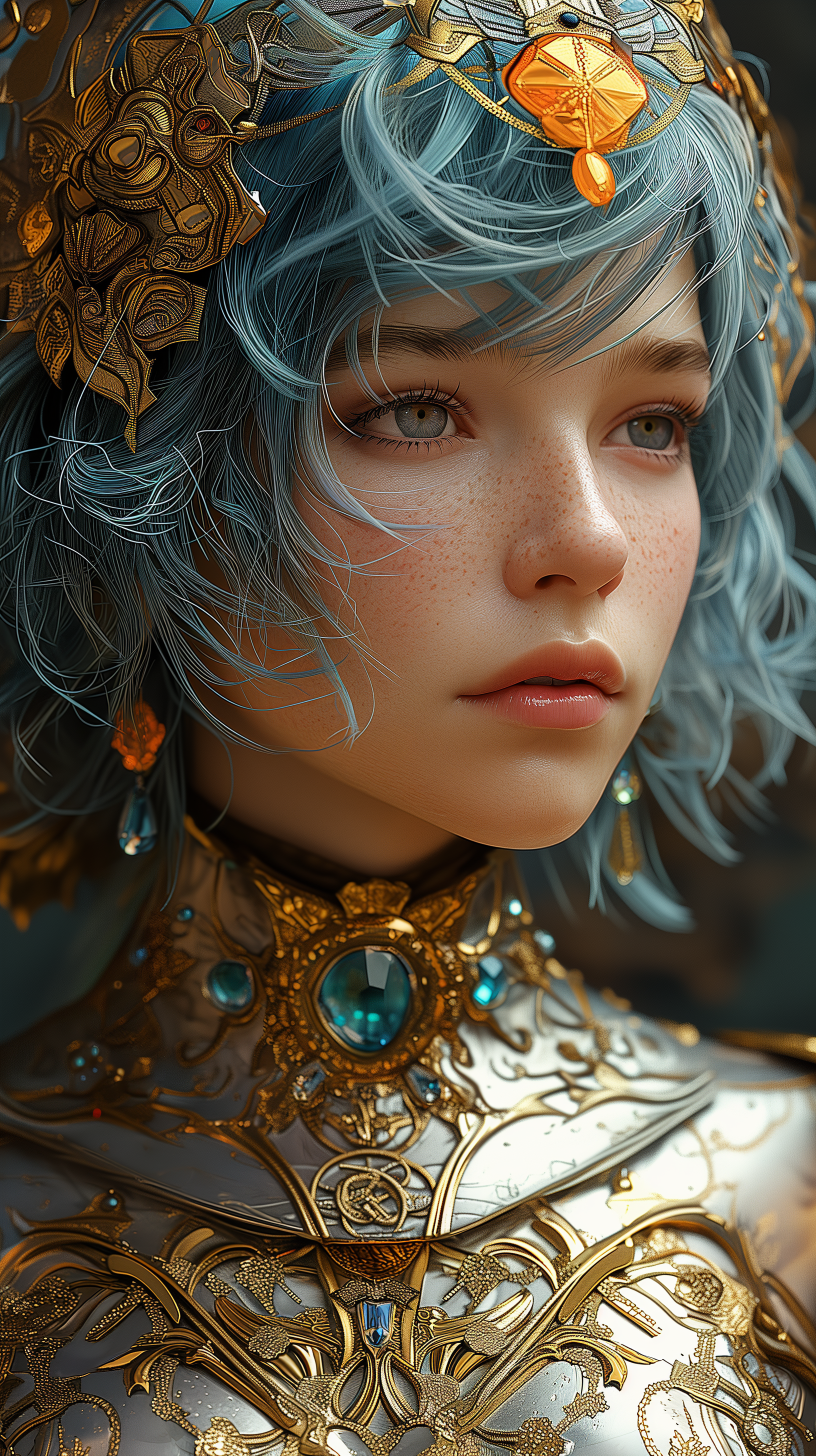 Midjourney prompt: beautiful female warrior, short blue hair, shimmer... - Midjourney