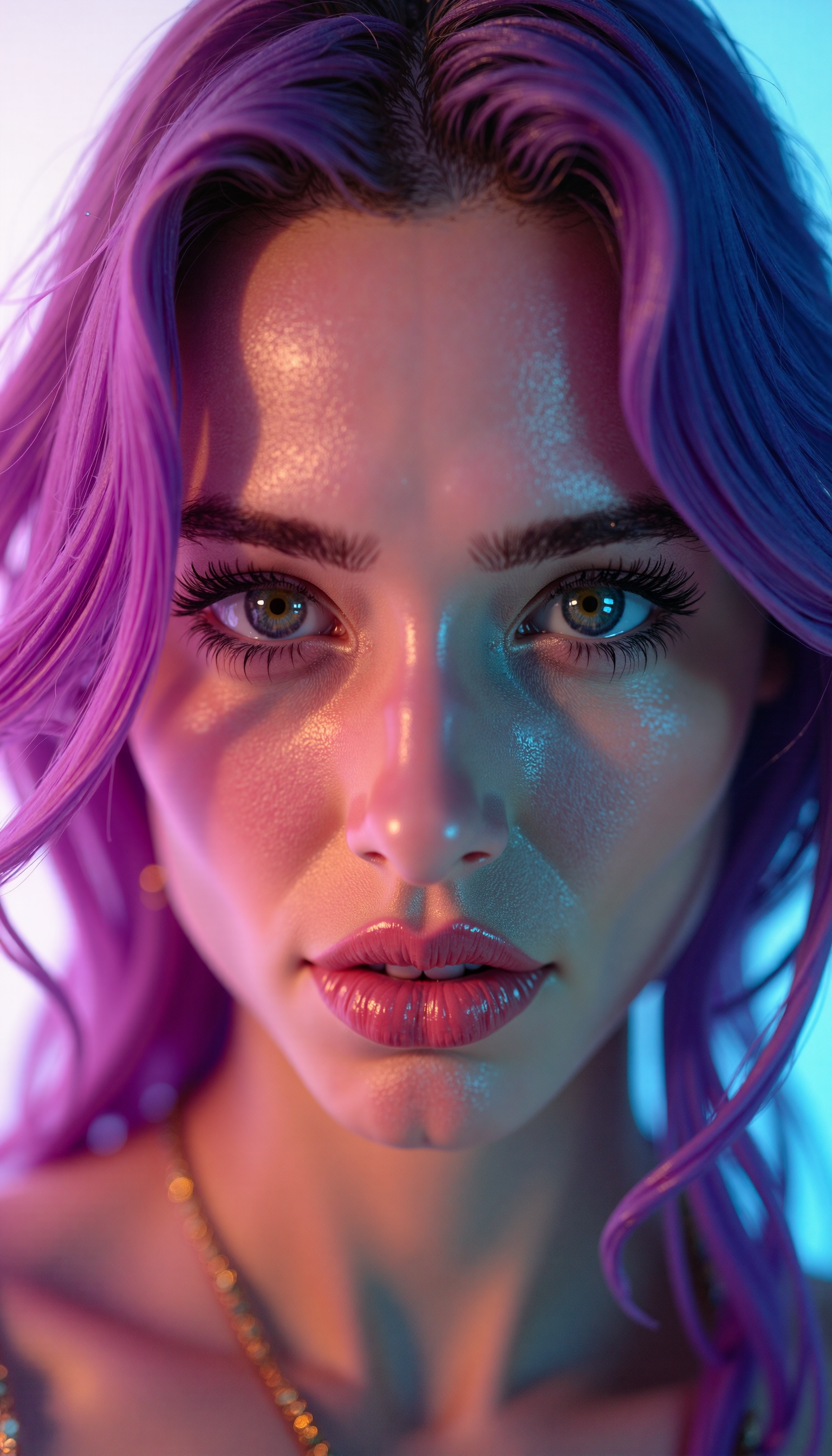 AI generated: FLUX prompt: A close-up portrait of a woman with vibrant purple... (FLUX - Photography)