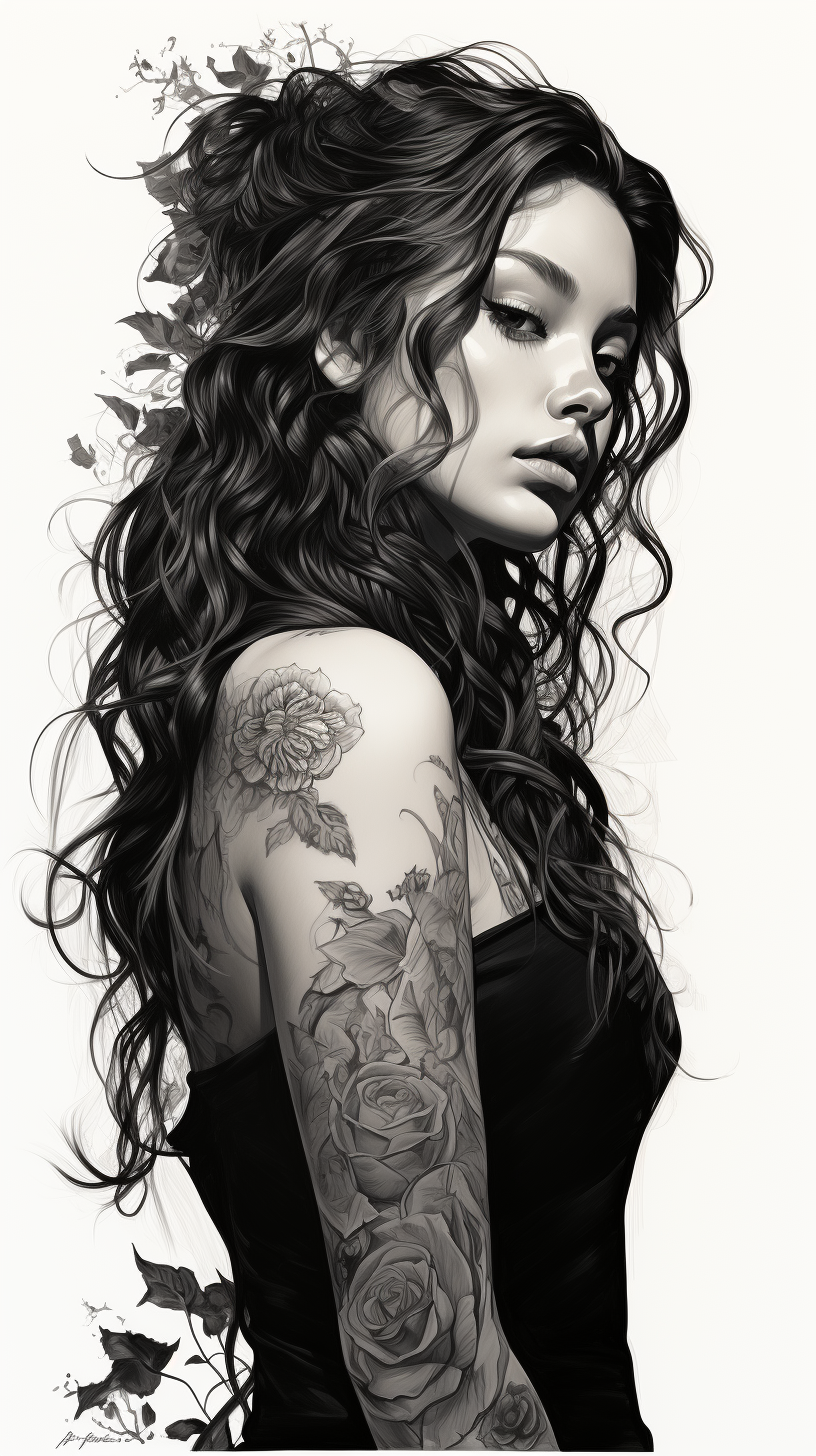 Midjourney prompt: black and white portrait of a woman having long ha... - Midjourney