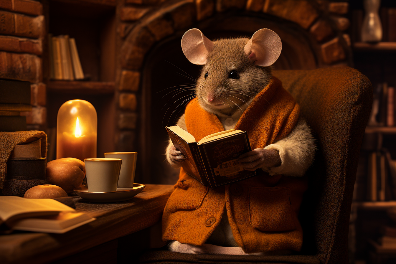 AI generated: Mouse reads a book (Midjourney - Photography)