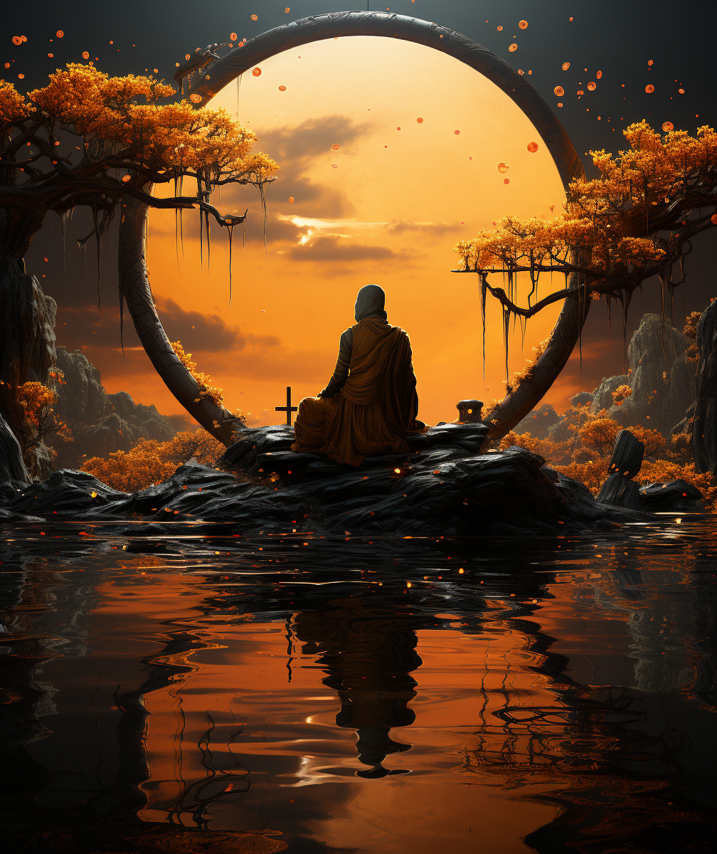 AI generated: Midjourney prompt: beautiful golden image of buddha sitting in water ... (Midjourney - Concept Art)