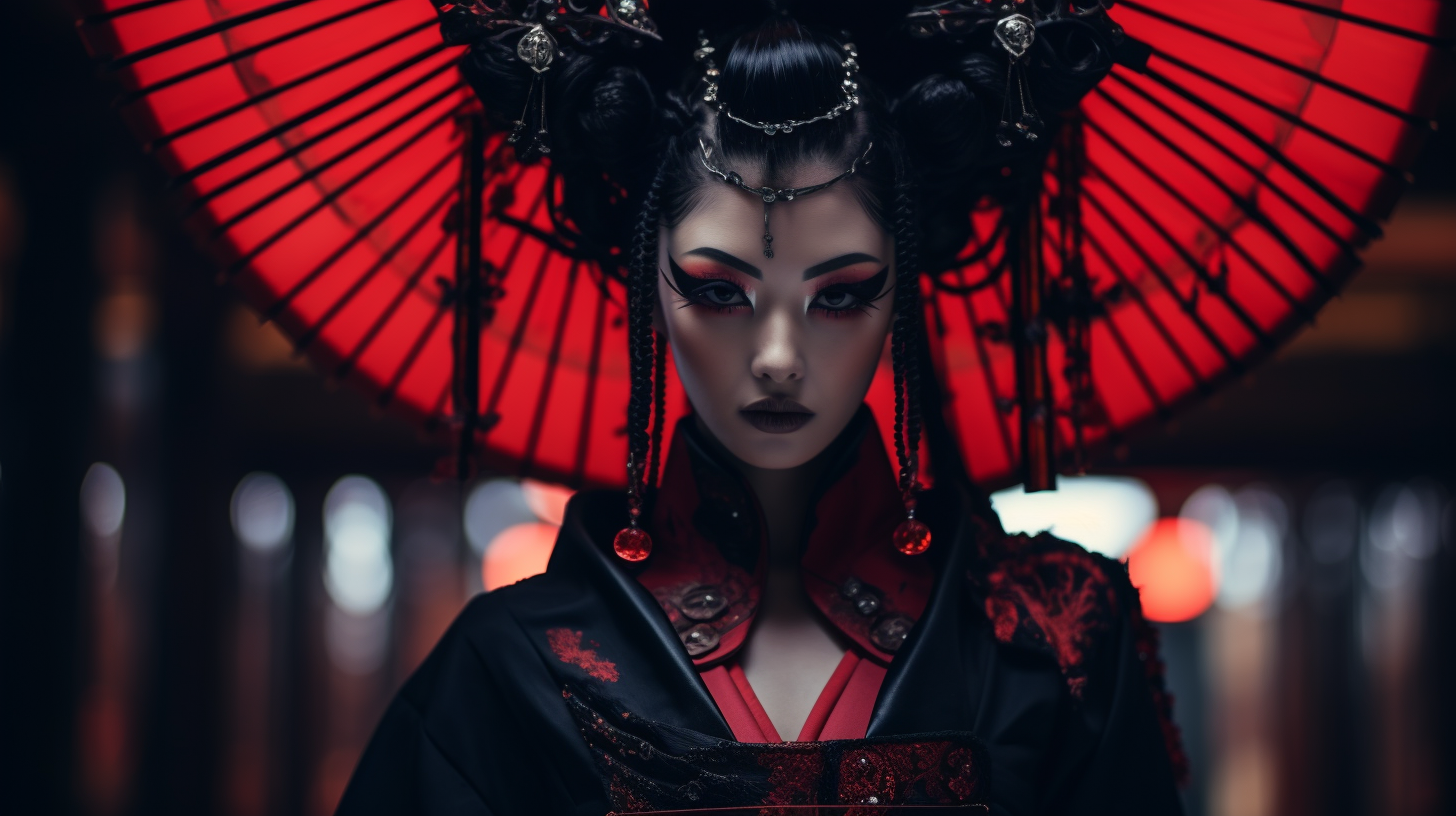 صورة مولدة بالذكاء الاصطناعي: Midjourney prompt: photo of a geisha, cyberpunk --ar 16:9 --style raw (نموذج Midjourney - تصوير فوتوغرافي)