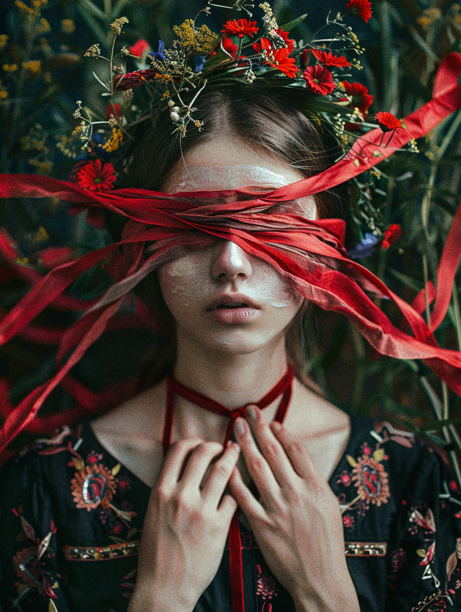 AI generated: Midjourney prompt: eyes are blindfolded with red ribbons like a blind... (Midjourney - Photography)