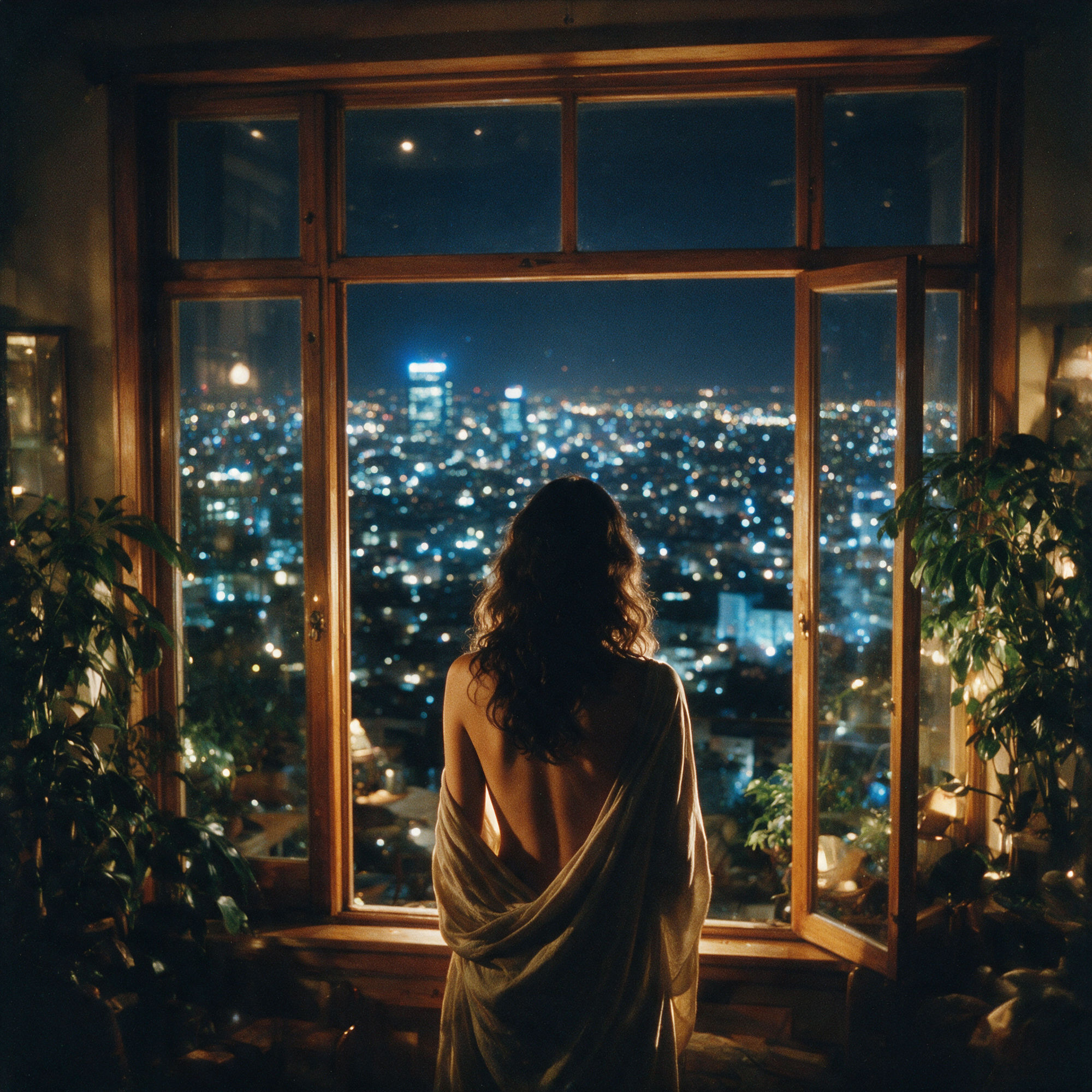 AI generated: Seedream 5 prompt: Nighttime cinematic scene of a woman standing in f... (Seedream 5 - Portraits)