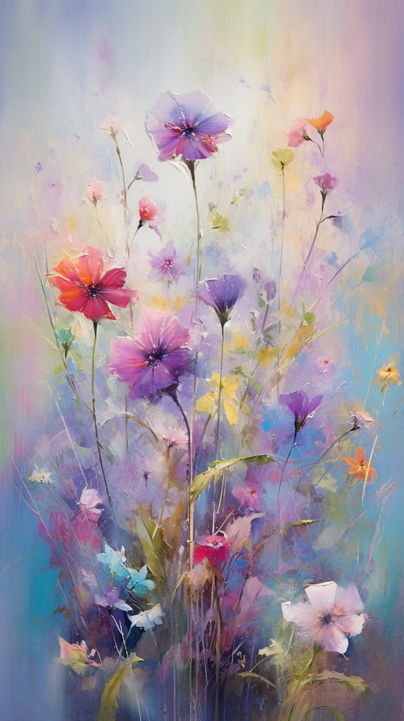 Midjourney prompt: Abstract painting of vibrant flowers with pink and... - Midjourney