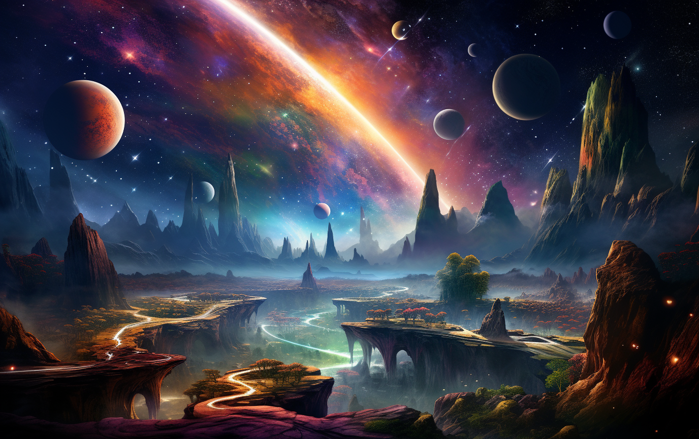 AI generated: Midjourney prompt: the space scene with planets and stars, in the sty... (Midjourney - Landscapes)