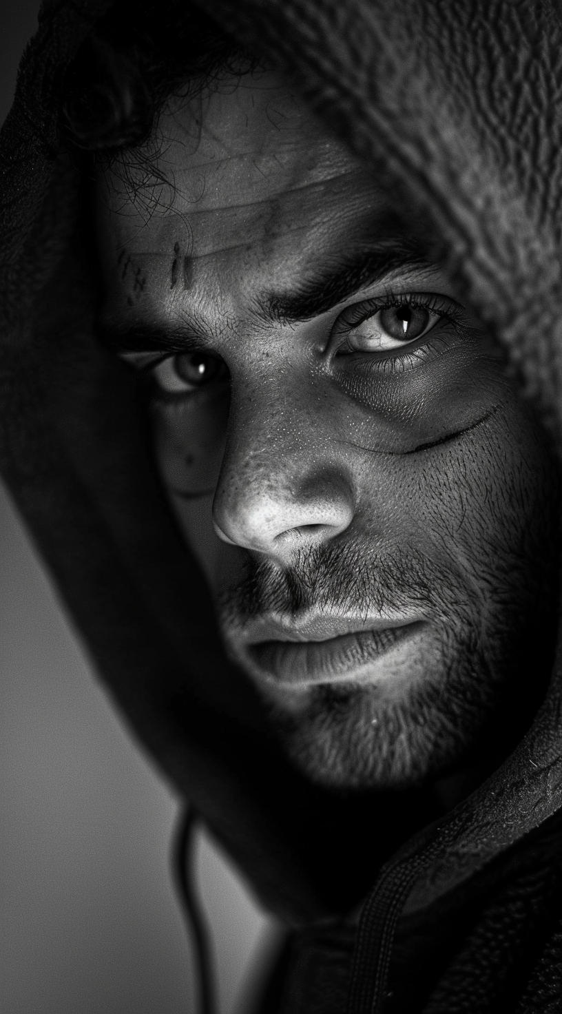 AI generated: Midjourney prompt: A man with scars on his face wearing a hoodie with... (Midjourney - Portraits)