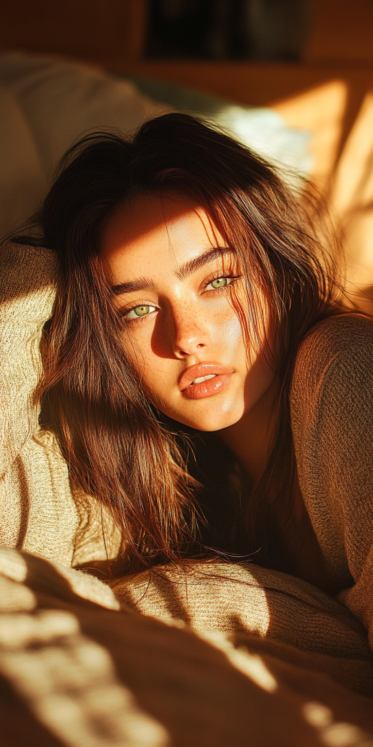 AI generated: Midjourney prompt: a woman with long hair laying in bed, in the style... (Midjourney - Photography)