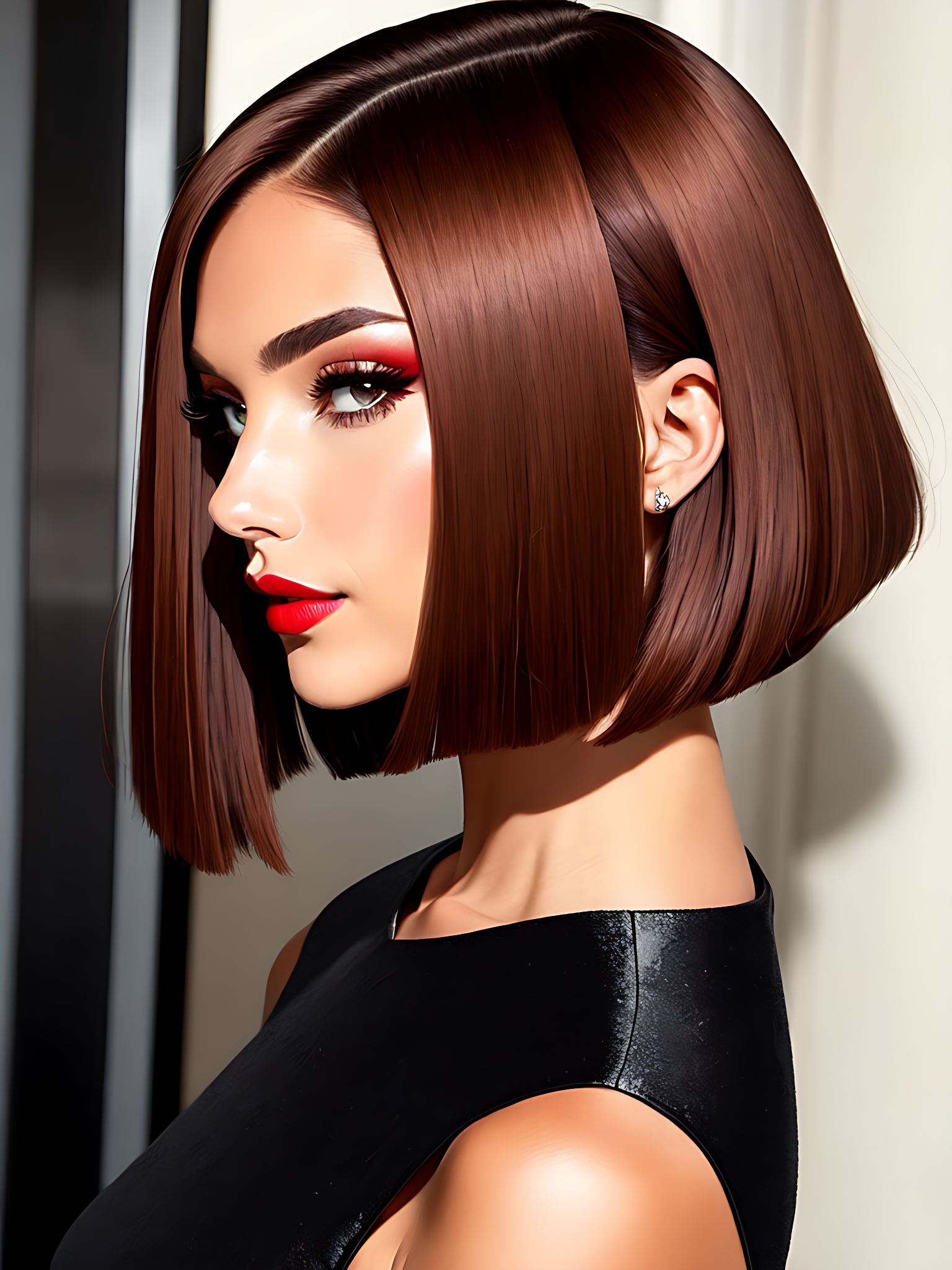 Stable Diffusion prompt: Her hair is styled in a sleek, m...