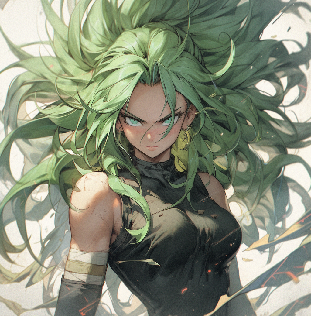 Midjourney prompt: a dragon ball super manga character with green hai... - Midjourney