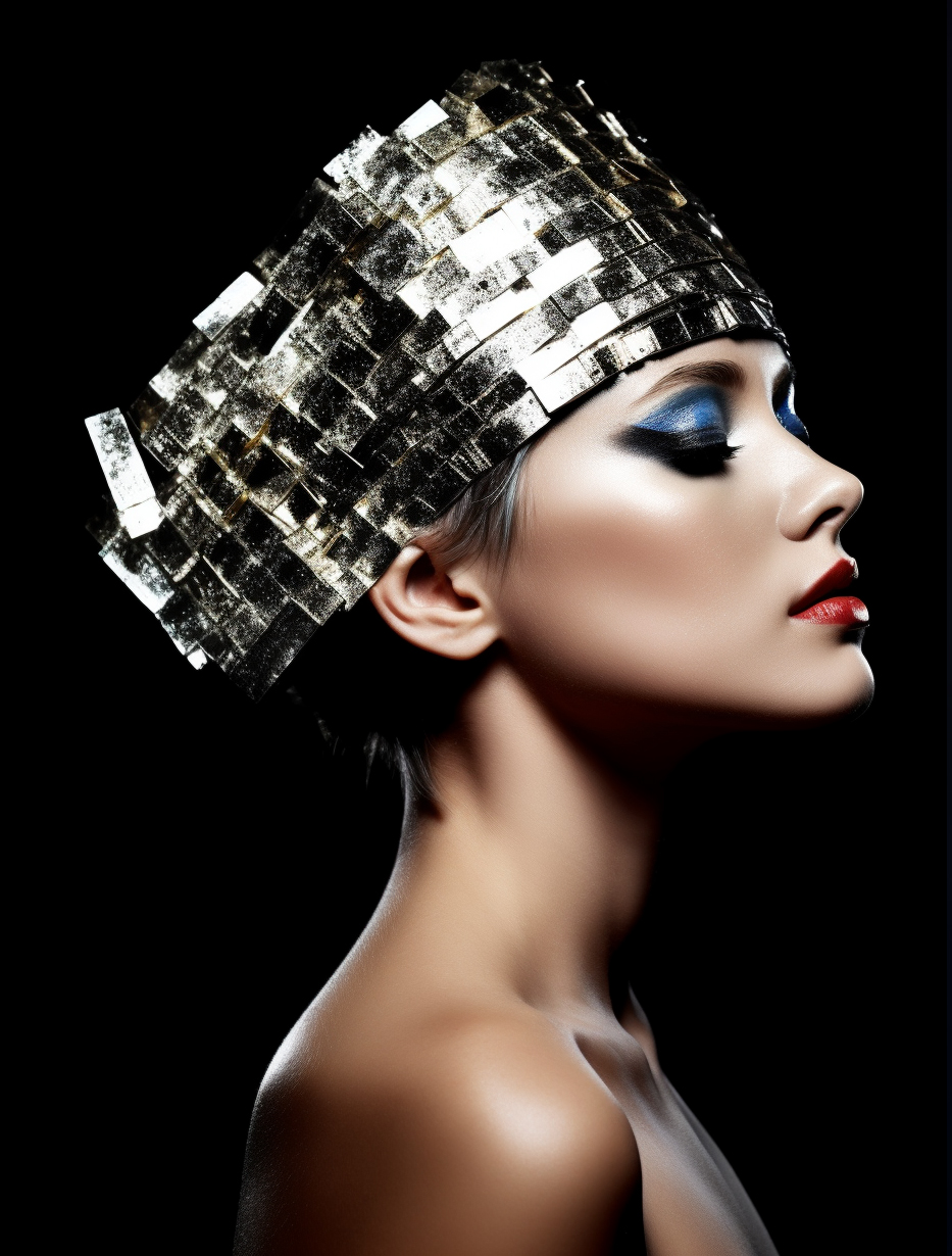 AI generated: Midjourney prompt: a woman with a piece of tin foil on her head, by M... (Midjourney - Fashion)