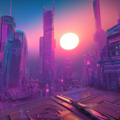 Stable Diffusion prompt: futuristic synthwave city, retro...