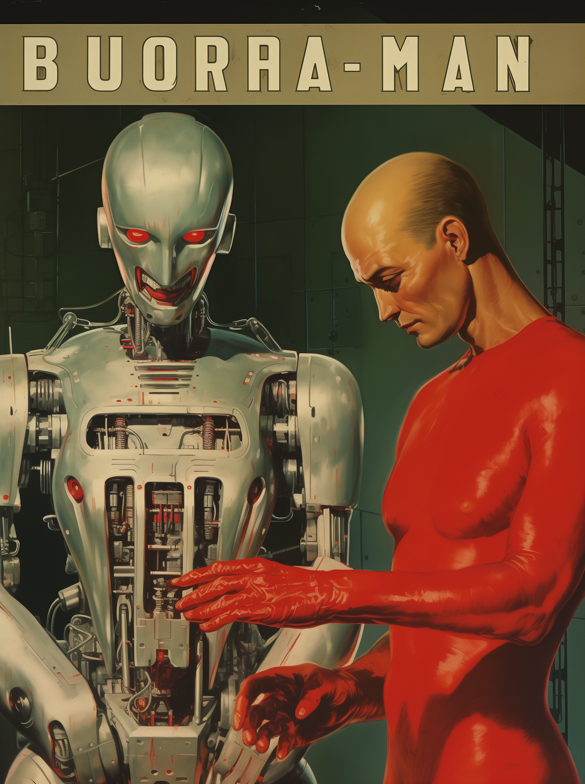 AI generated: Midjourney prompt: A vintage pulp cover showing two men fixing a robo... (Midjourney - Character Design)