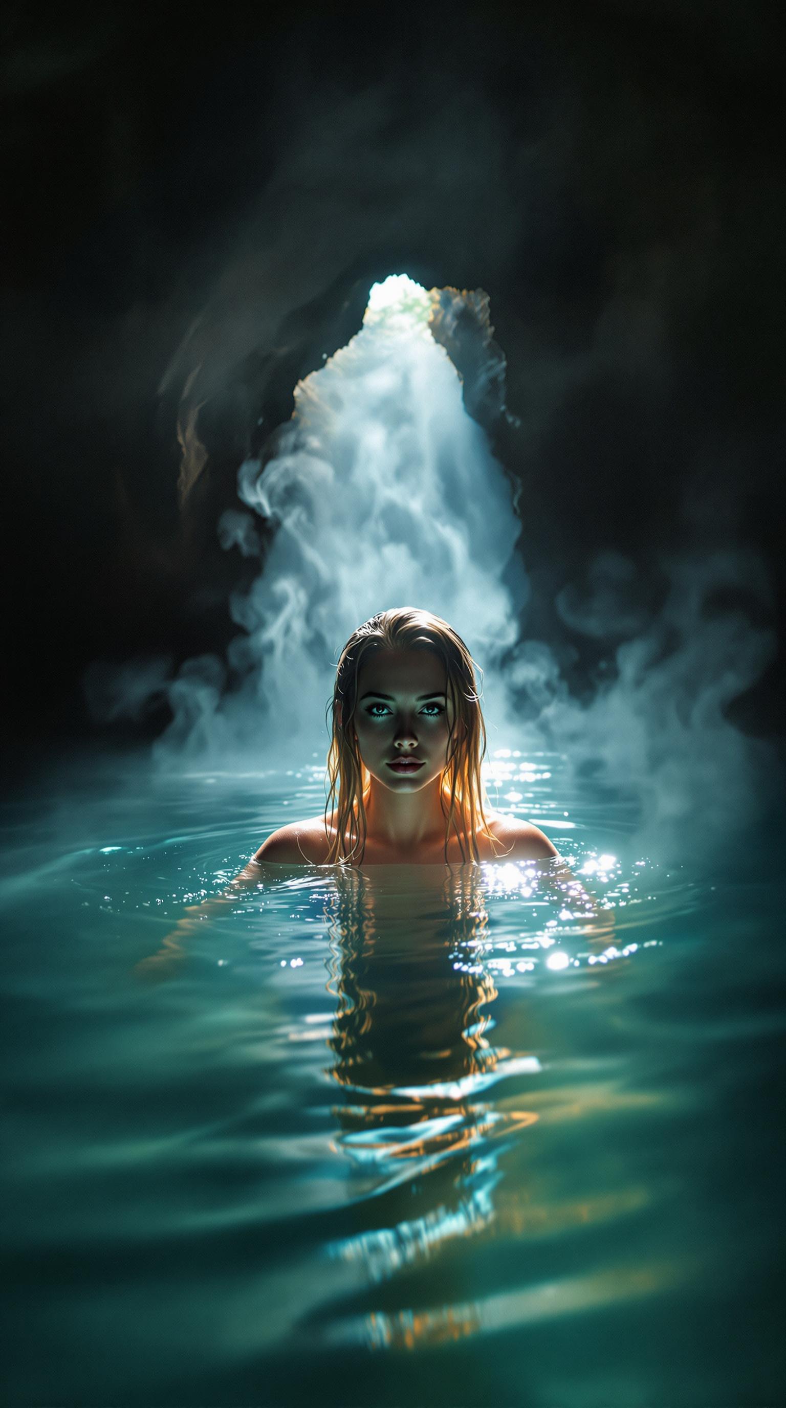 FLUX prompt: hot spring inside a dimly lit cave, steam rises fr... - FLUX