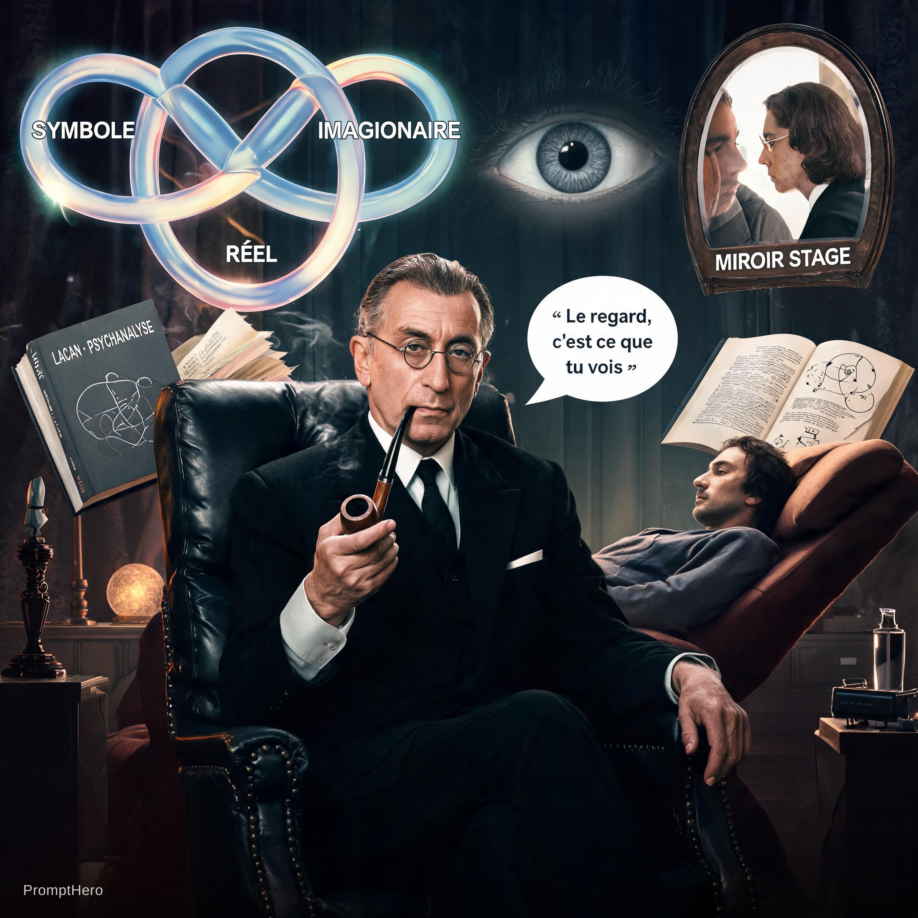 AI generated: Seedream 5 prompt: bana jacques lacanın psikanaliz yaparken bir görse... (Seedream 5 - Concept Art)