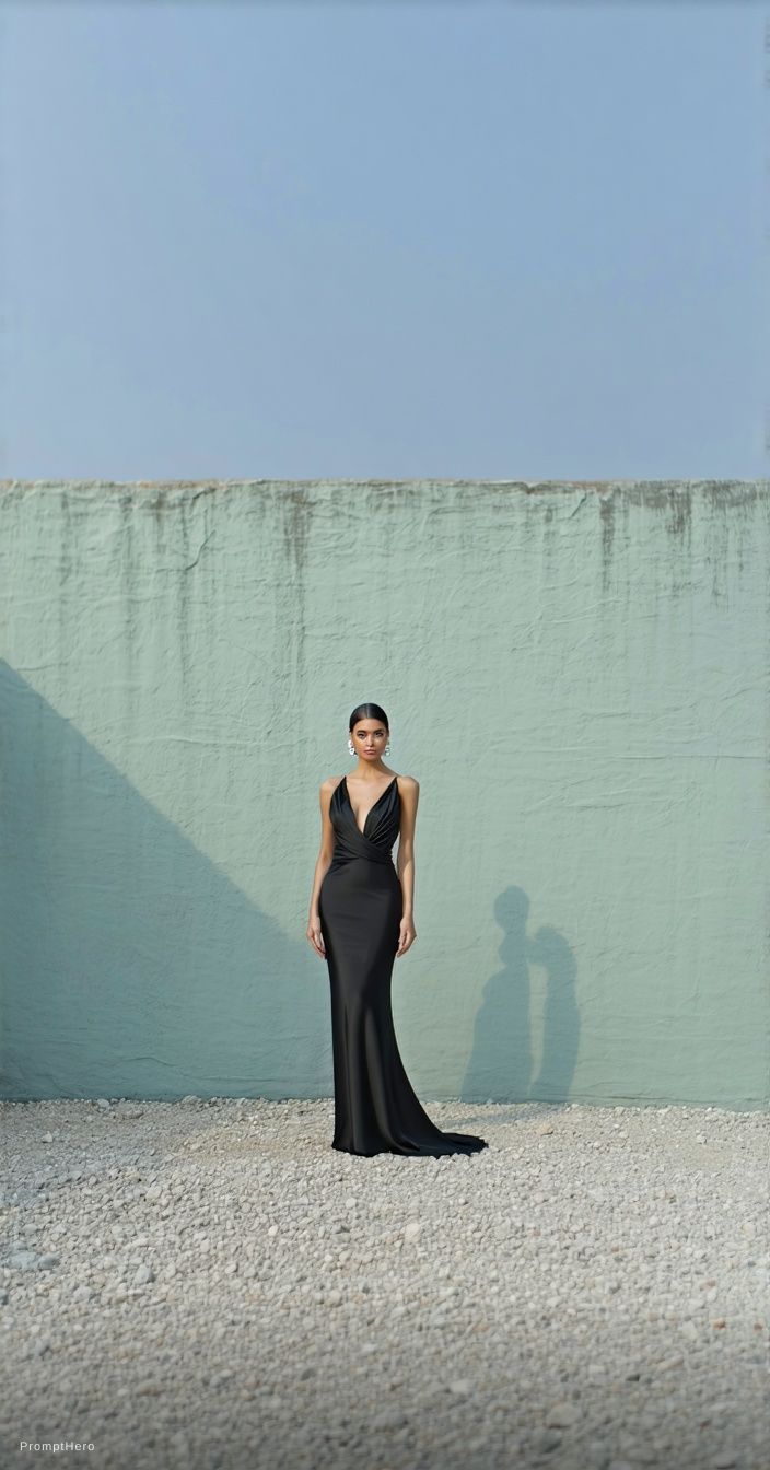 AI generated: Hero prompt: black evening downblouse dress (Hero - Concept Art)