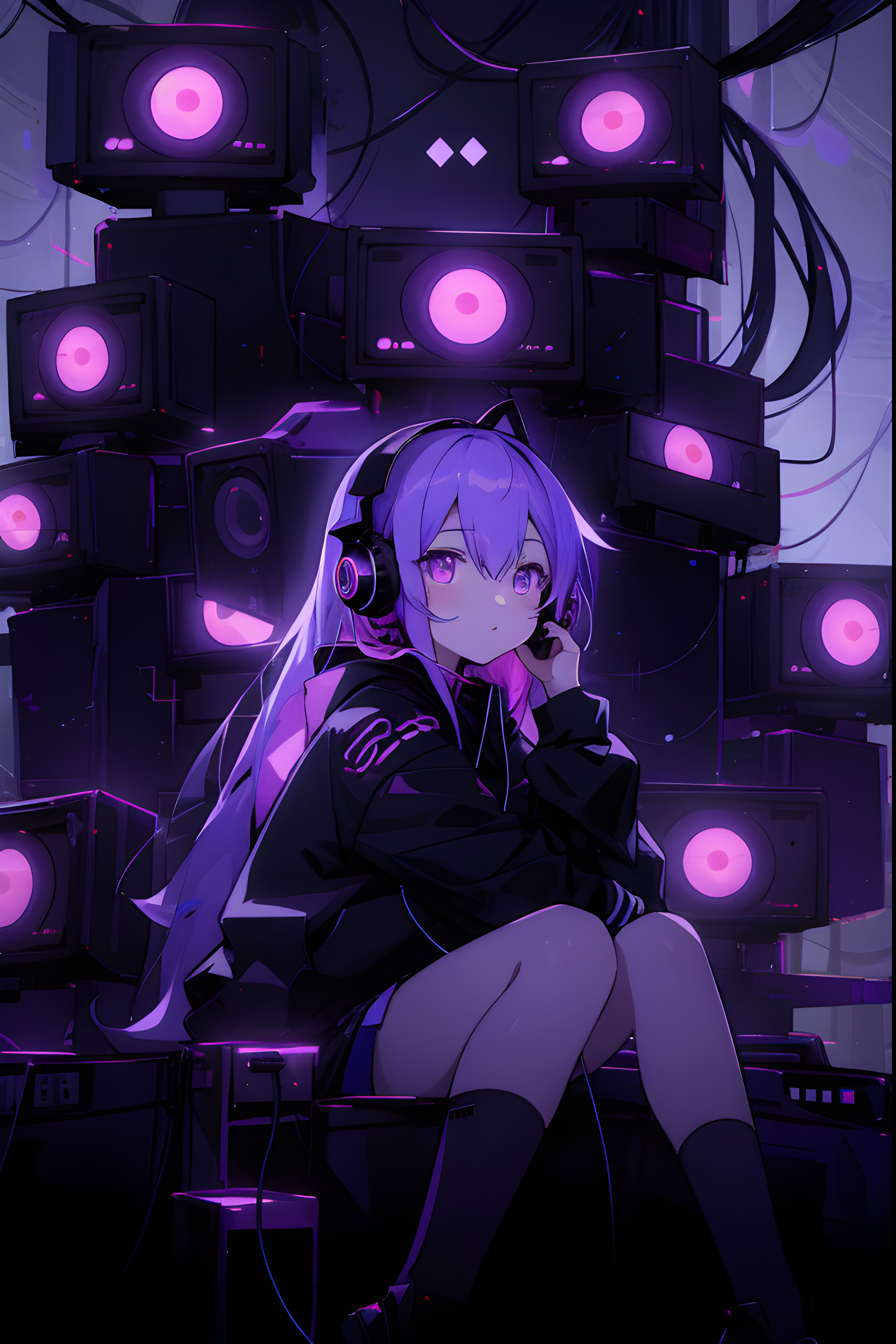 MeinaMix prompt: a girl sitting in front of a bunch of televisions,... - MeinaMix