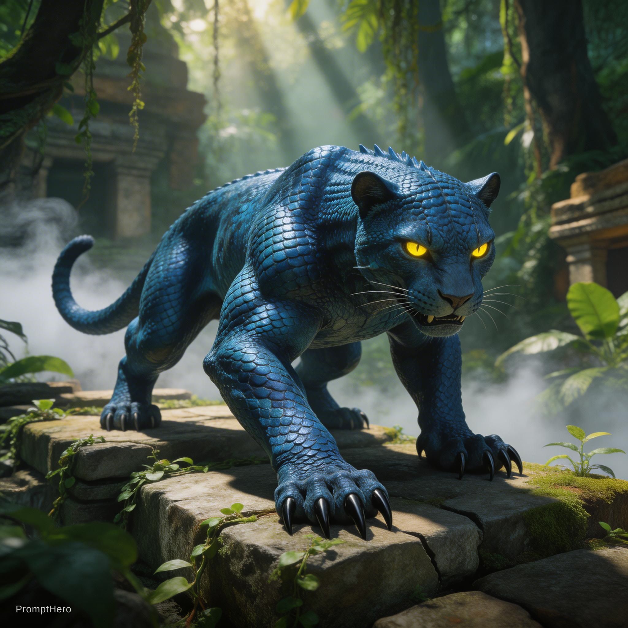 صورة مولدة بالذكاء الاصطناعي: Seedream 5 prompt: a sleek blue-scaled panther-like creature with rep... (نموذج Seedream 5 - فن مفاهيمي)