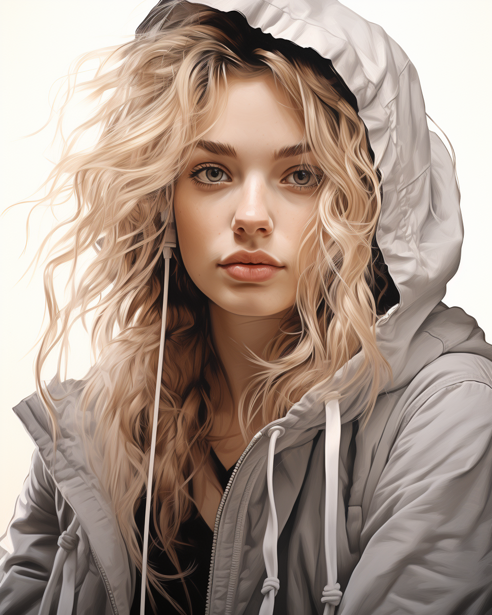 صورة مولدة بالذكاء الاصطناعي: Midjourney prompt: a portrait of a woman in a hoodie, in the style of... (نموذج Midjourney - صور شخصية)