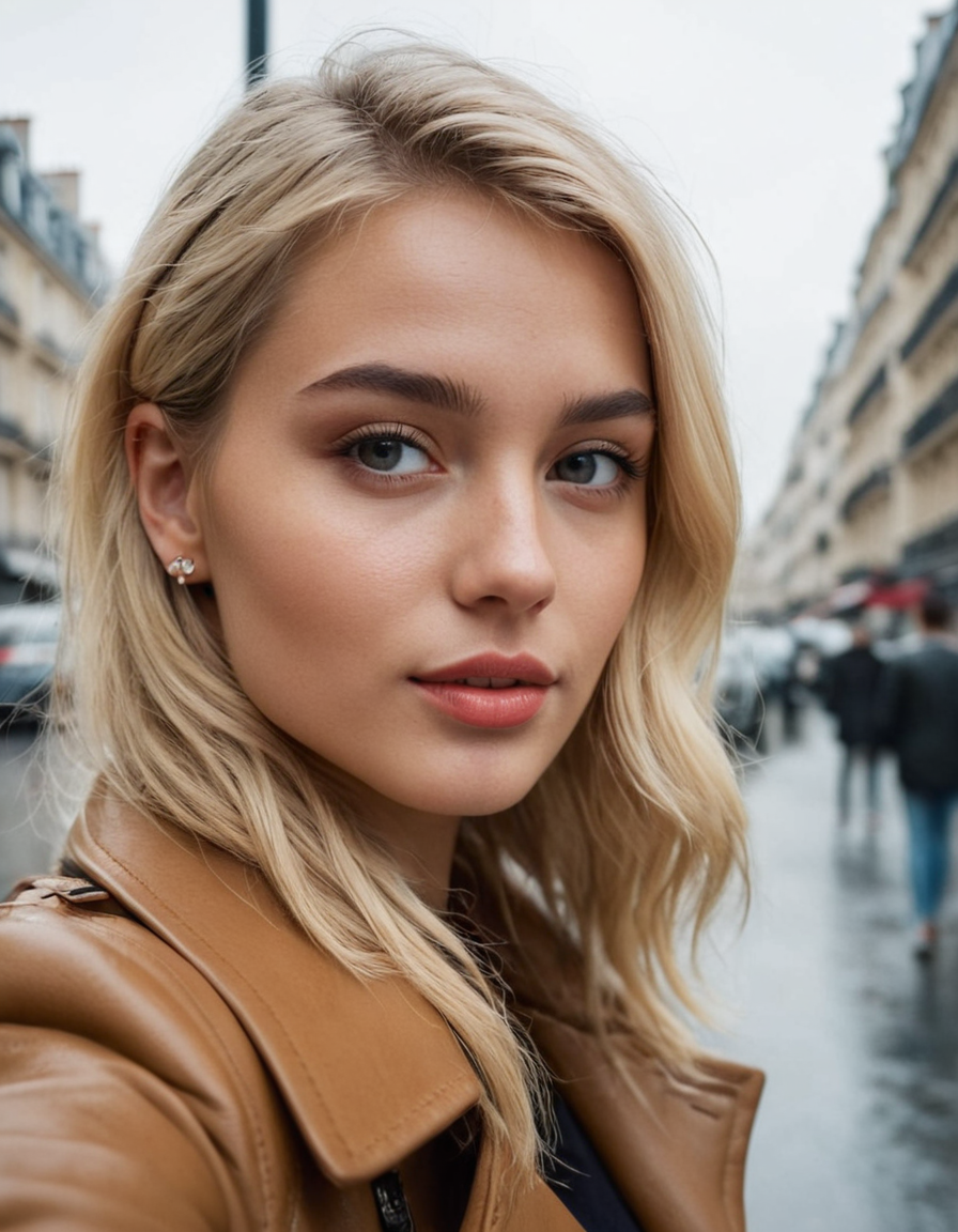 AI generated: Stable Diffusion prompt: blonde girl, taking selfie in paris on a rainy day (Stable Diffusion - Portraits)