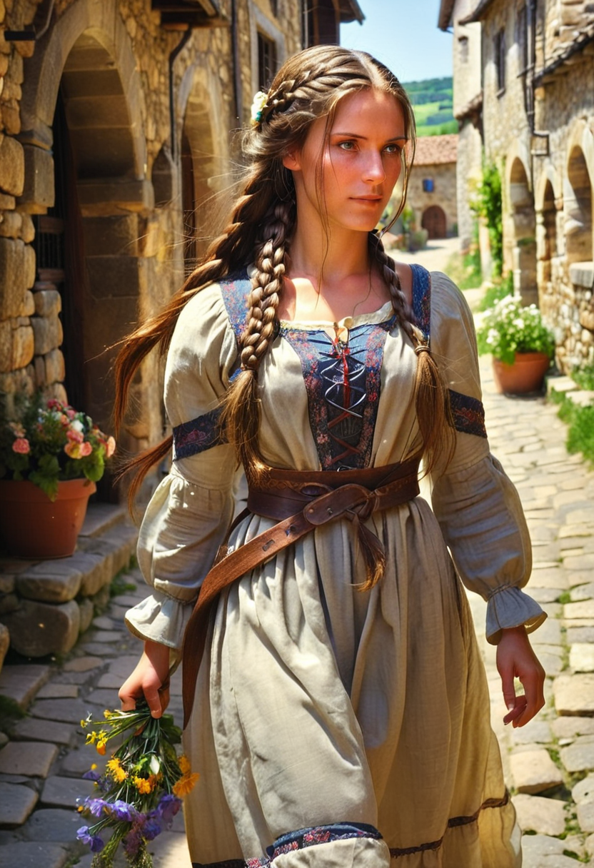 صورة مولدة بالذكاء الاصطناعي: Stable Diffusion prompt: HDR photo of woman, long braided brunette hair wit... (نموذج Stable Diffusion - تصوير فوتوغرافي)