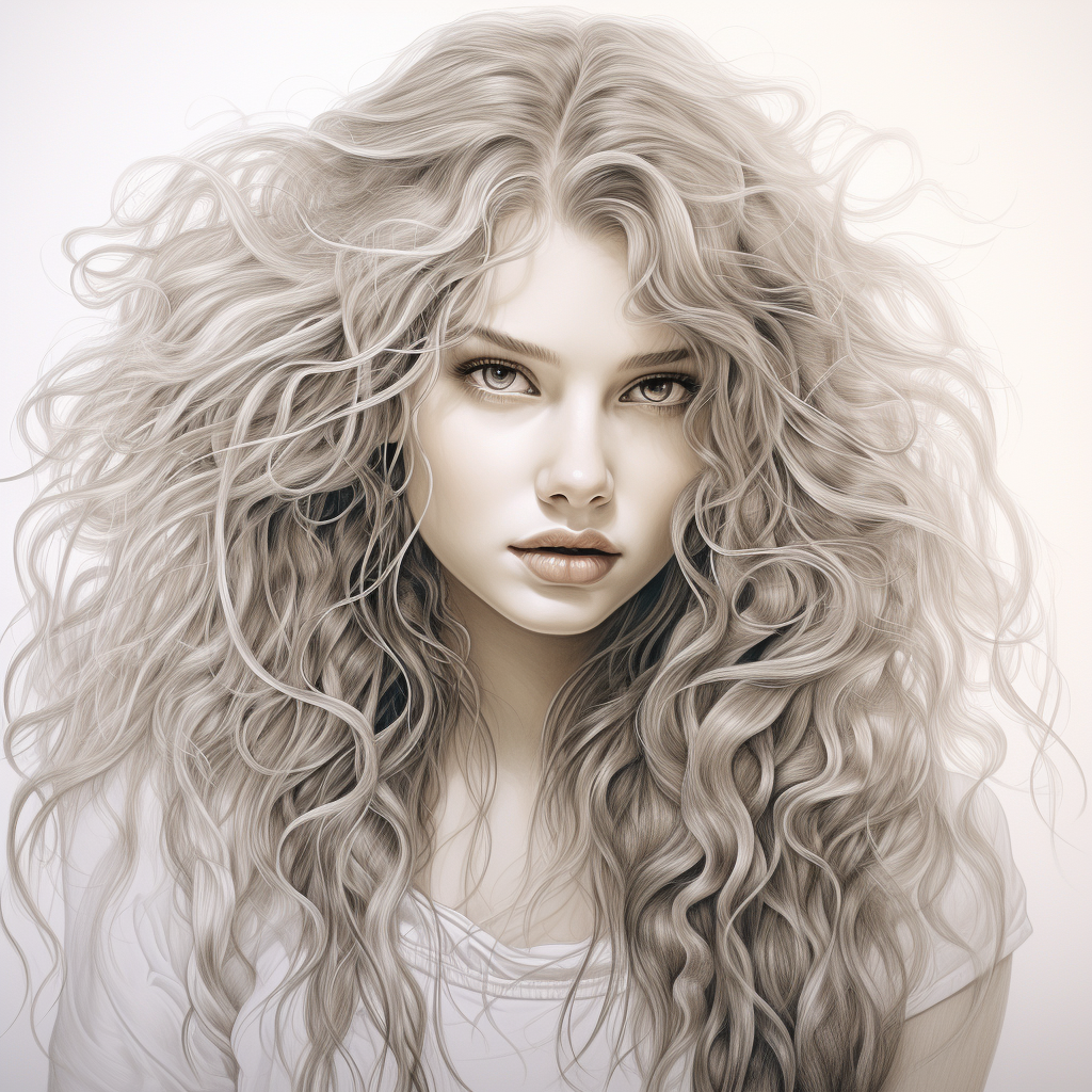 Midjourney prompt: Cute girl with long curly hair and beautiful face ... - Midjourney