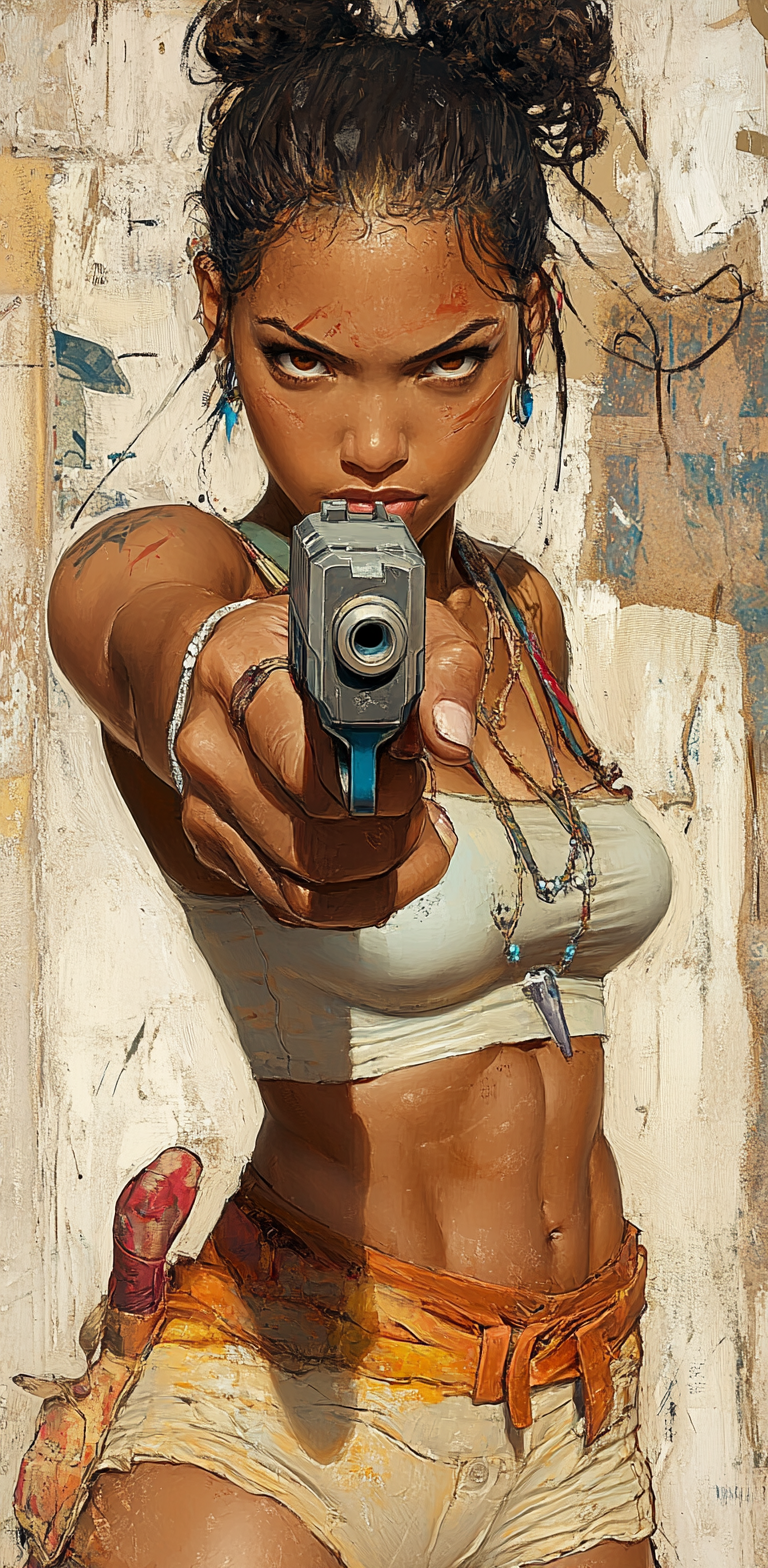 Midjourney prompt: an image of an animation character holding a gun, ... - Midjourney