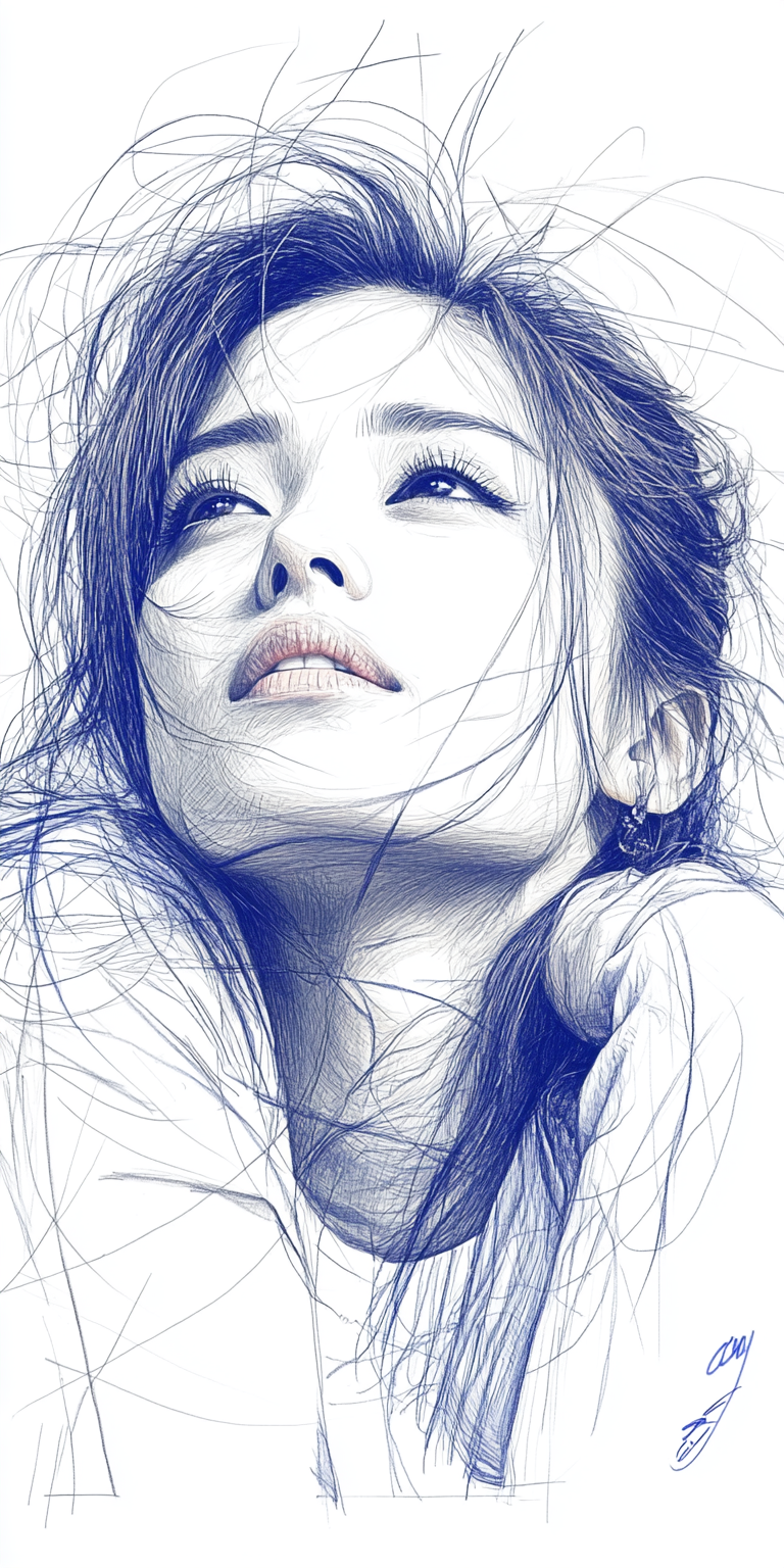 AI generated: Midjourney prompt: White-blue pencil sketch of a woman, mid 20's, sof... (Midjourney - Portraits)