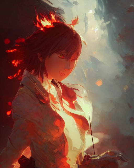 Stable Diffusion prompt: red eyed anime girl, flames ever...