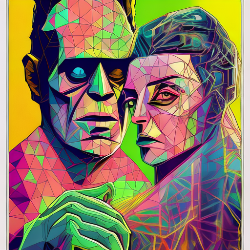 AI generated: Openjourney prompt: geometric abstract portrait of Frankenstein kissin... (Openjourney - Portraits)