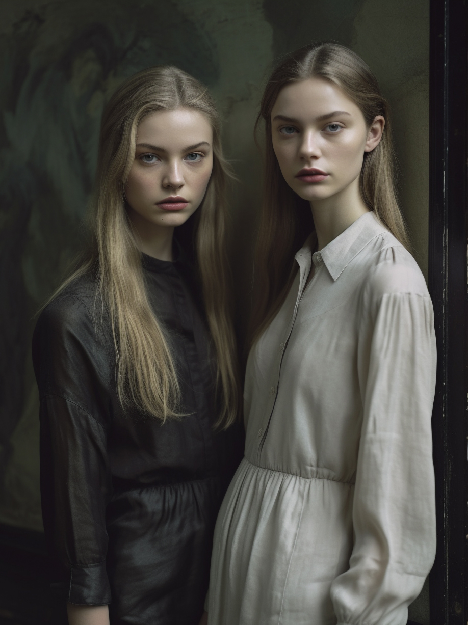 AI generated: Midjourney prompt: a couple of women standing next to each other, in ... (Midjourney - Fashion)