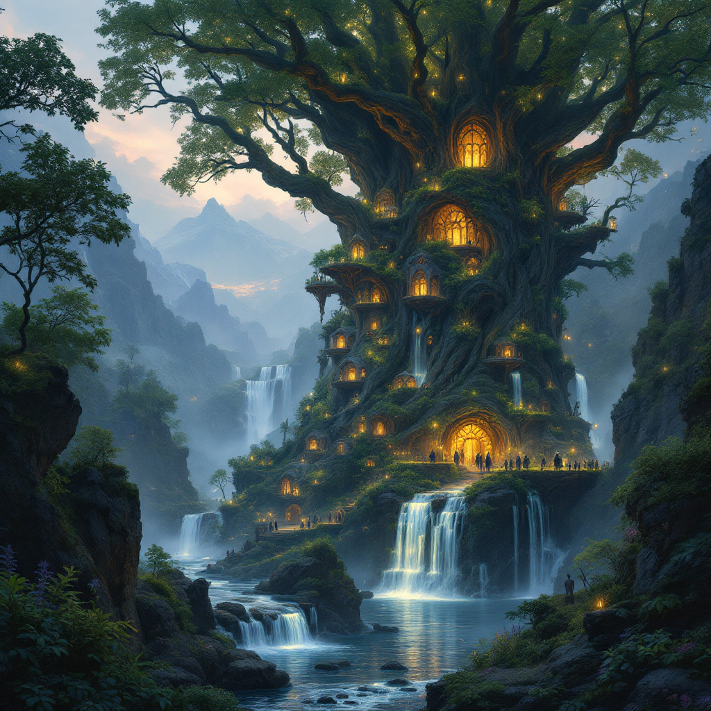 FLUX prompt: a majestic elven city in a giant tree, glowi...