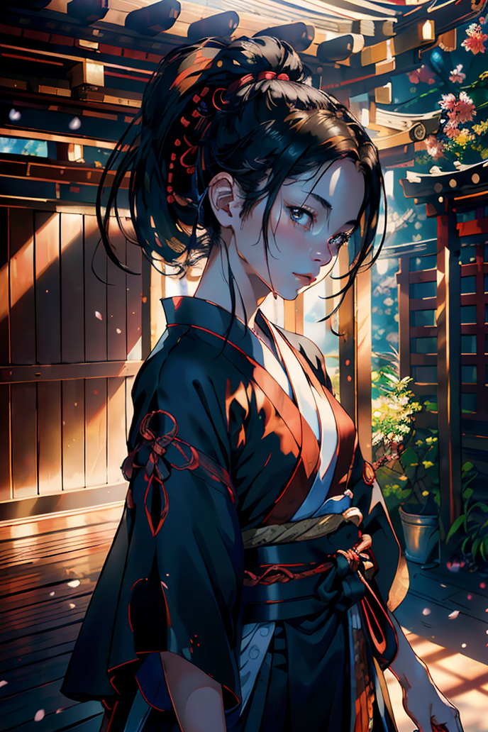Stable Diffusion prompt: Young Samurai with long black ha...