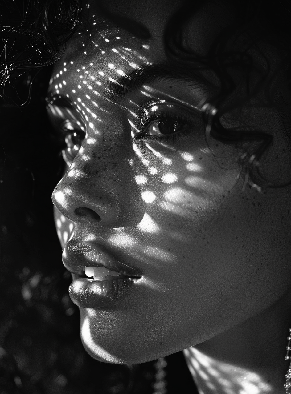 Midjourney prompt: a black and white photo of a woman with earrings a... - Midjourney