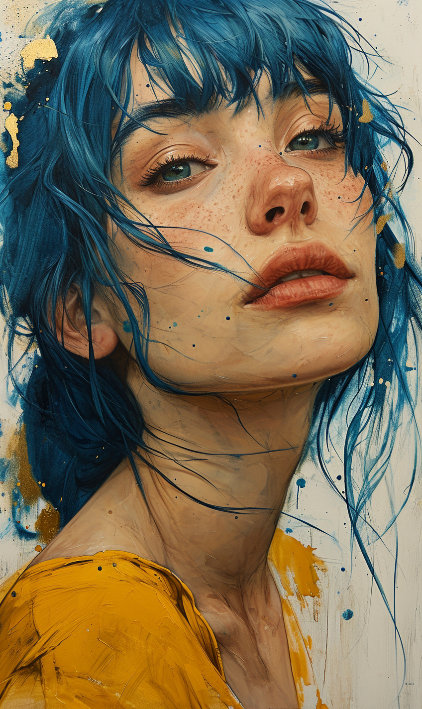 صورة مولدة بالذكاء الاصطناعي: Midjourney prompt: a drawing of a woman with blue hair, in the style ... (نموذج Midjourney - صور شخصية)