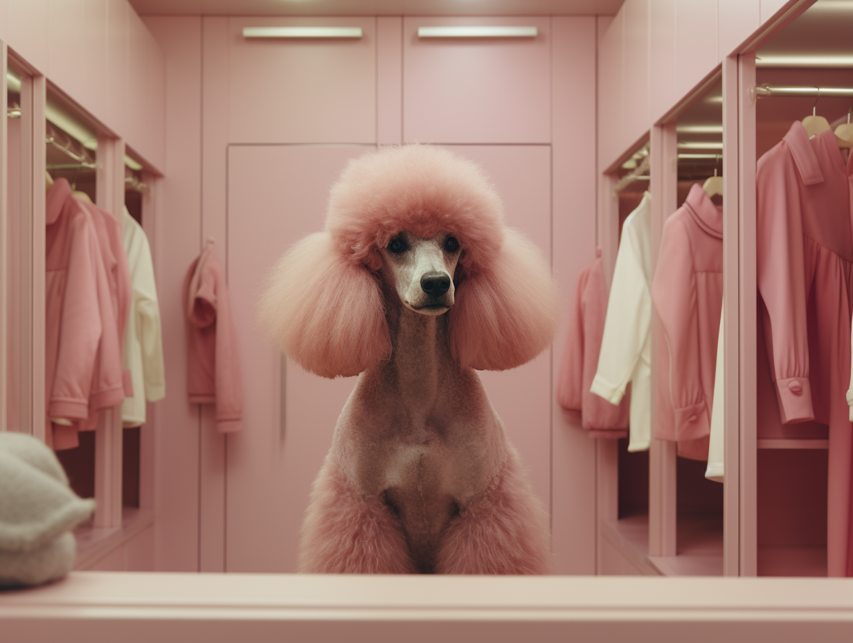 Midjourney prompt: Kodak disposable photography of giant poodle, dres... - Midjourney