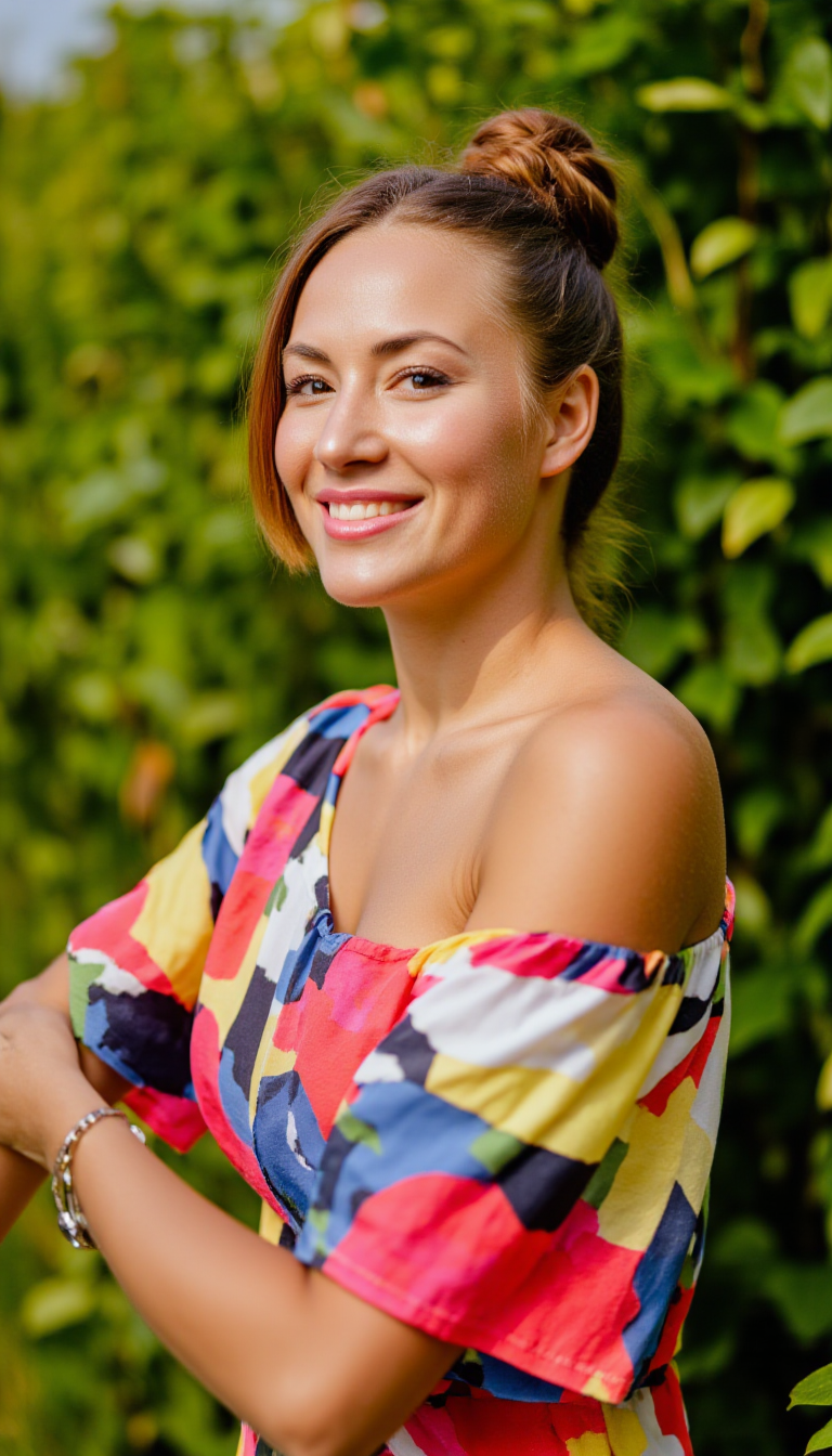 صورة مولدة بالذكاء الاصطناعي: FLUX prompt: A vibrant woman beams with happiness as she gazes ... (نموذج FLUX - تصوير فوتوغرافي)