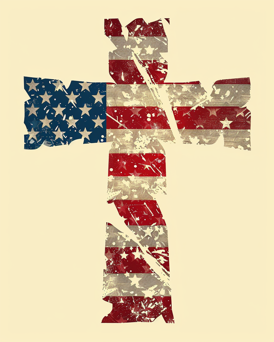 صورة مولدة بالذكاء الاصطناعي: Midjourney prompt: A cross in the shape of an American flag, stars an... (نموذج Midjourney - Logo Icon Design)