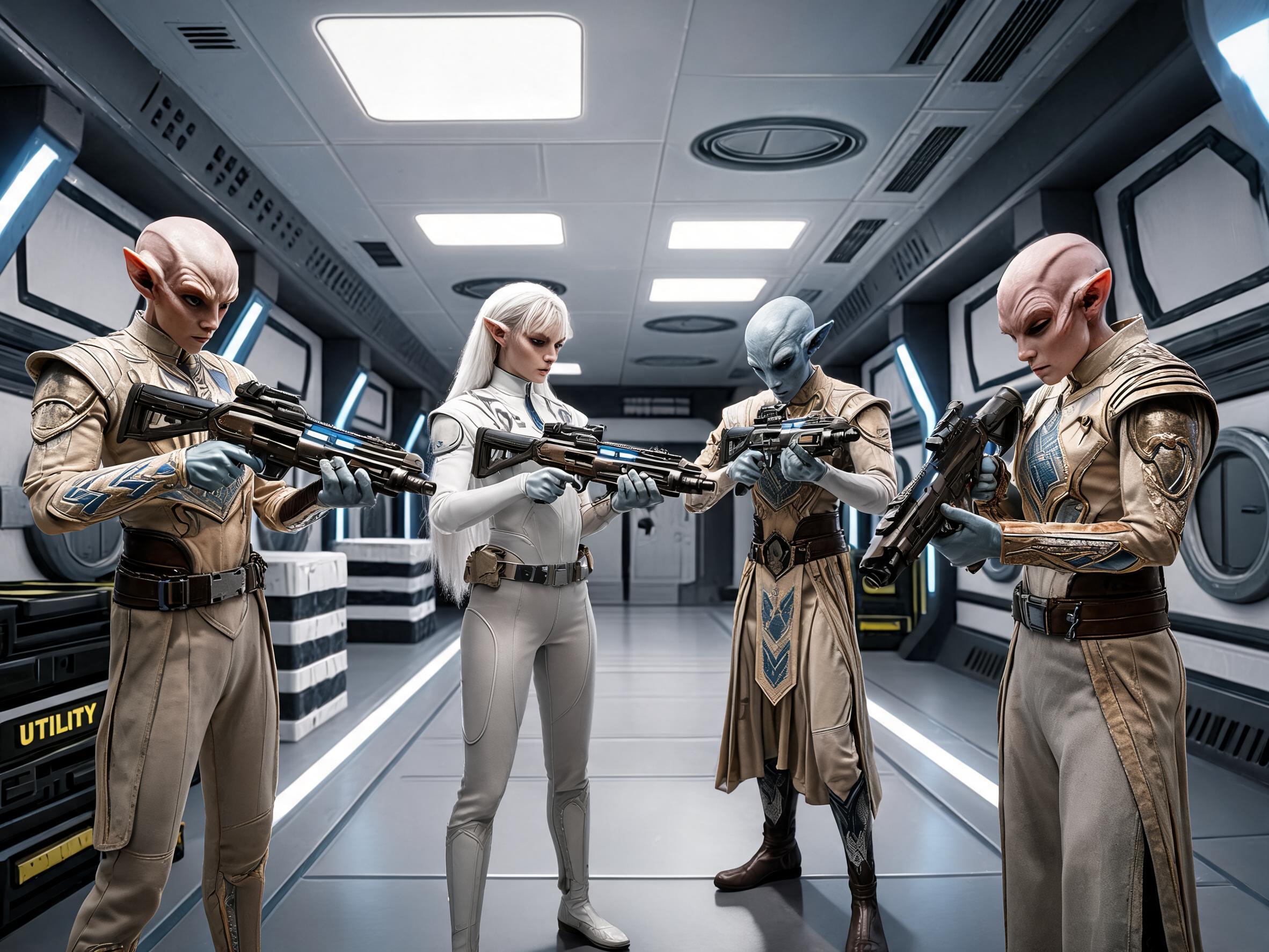 صورة مولدة بالذكاء الاصطناعي: Seedream 5 prompt: Cinematic Sci-Fi scene. Four characters look over ... (نموذج Seedream 5 - فن مفاهيمي)