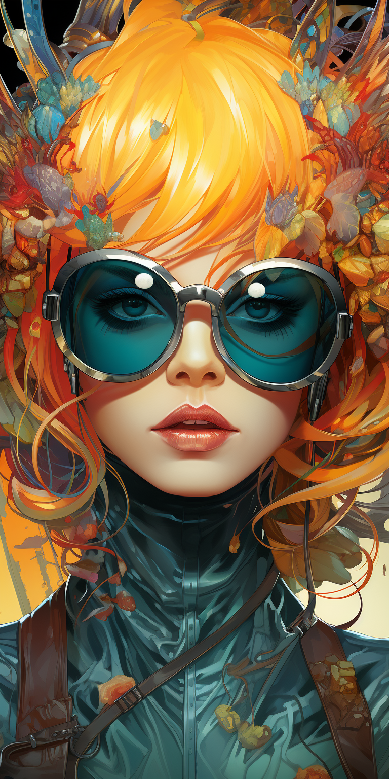 Midjourney prompt: a girl with orange hair dressed in glasses, in the... - Midjourney