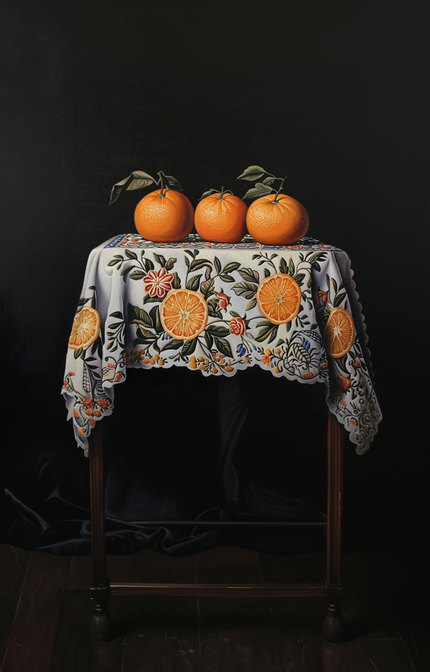 AI generated: Midjourney prompt: A painting of three oranges on a embroidered table... (Midjourney - Photography)