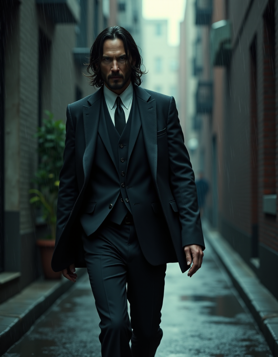 AI generated: FLUX prompt: medium close-up still of young Keanu Reeves as Joh... (FLUX - Photography)