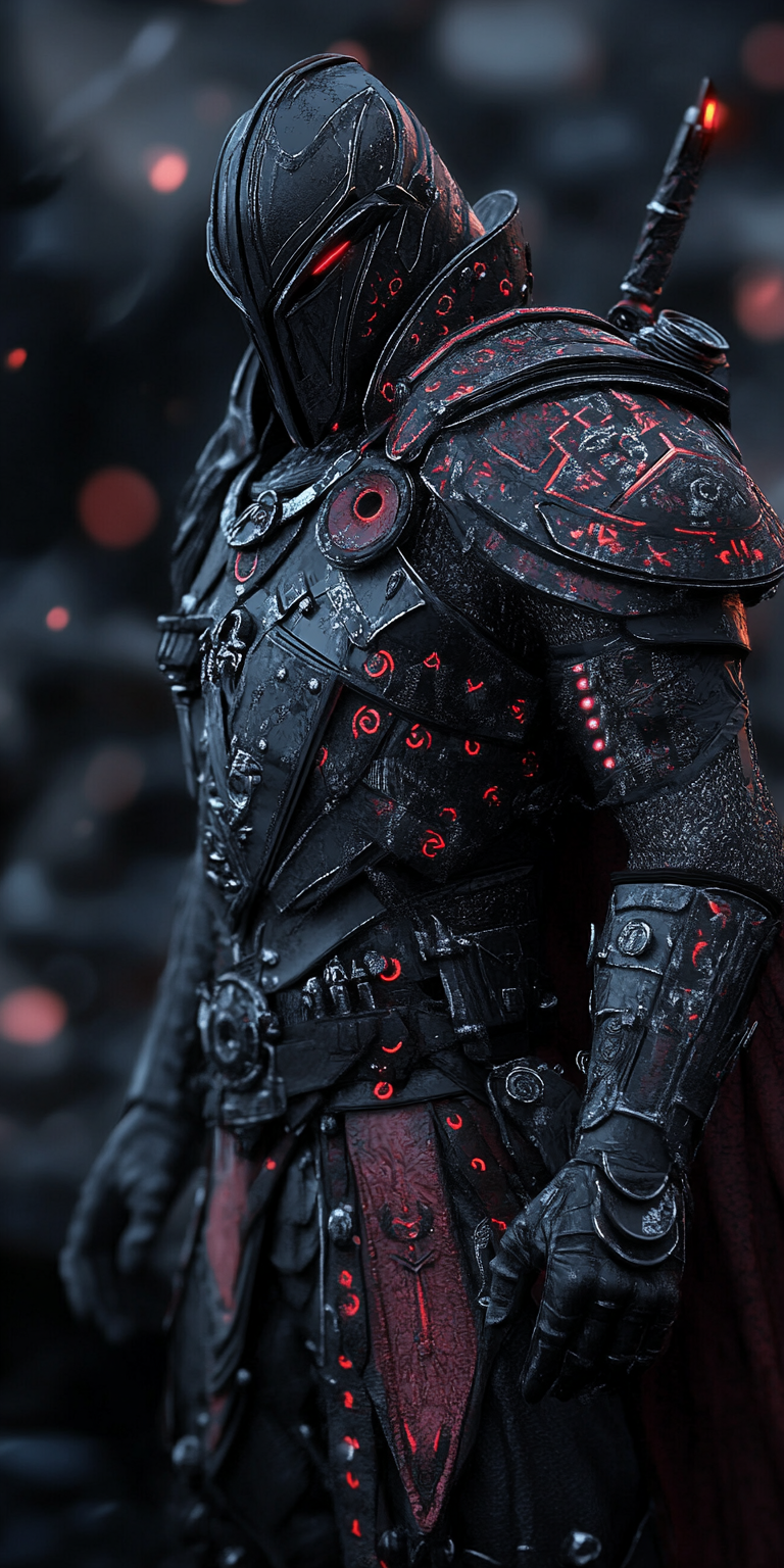 Midjourney prompt: A portrait of a dark knight, intricate black armor... - Midjourney