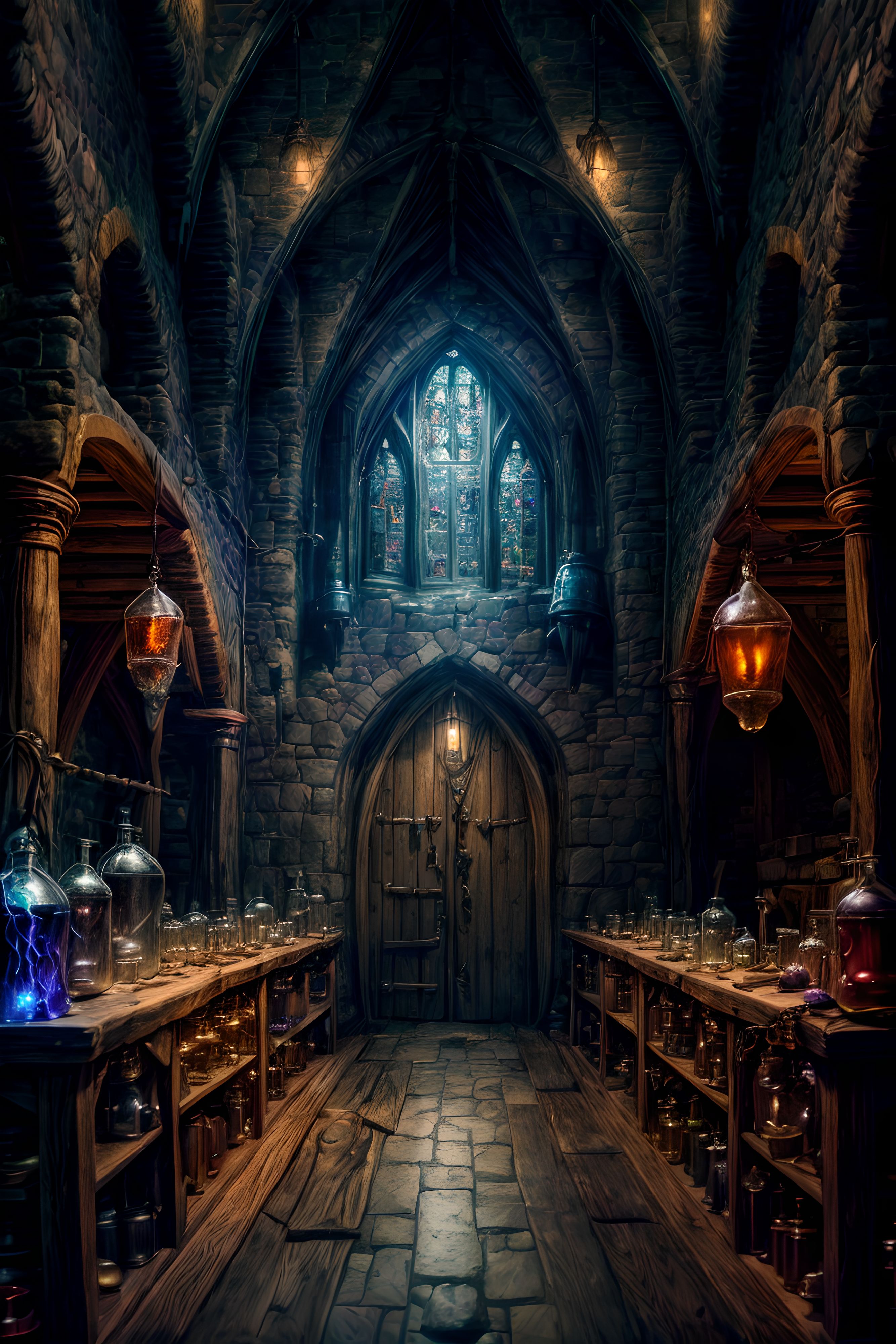 صورة مولدة بالذكاء الاصطناعي: Inside of wizard's Alchemist Workshop (نموذج Stable Diffusion - تصميم داخلي)