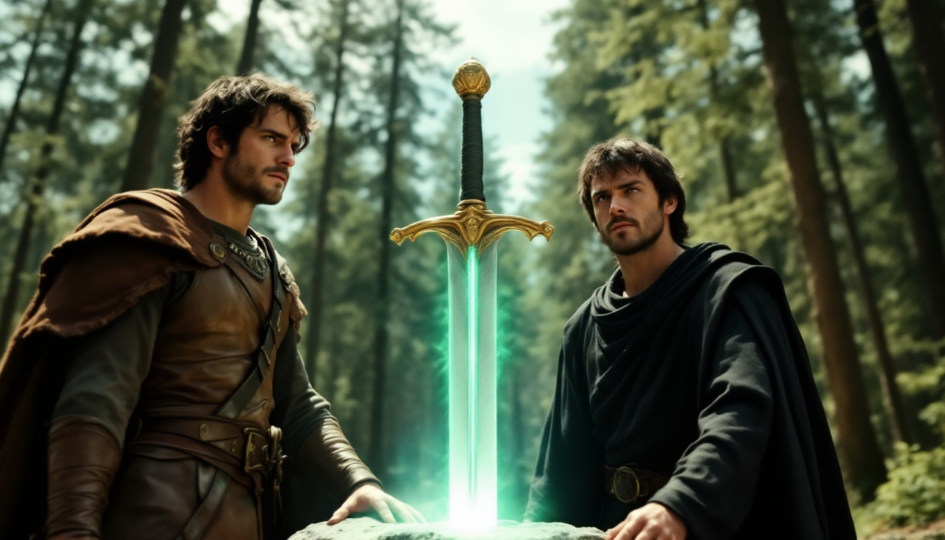 صورة مولدة بالذكاء الاصطناعي: FLUX prompt: a pivotal scene where King Arthur pulls the sword ... (نموذج FLUX - صور شخصية)