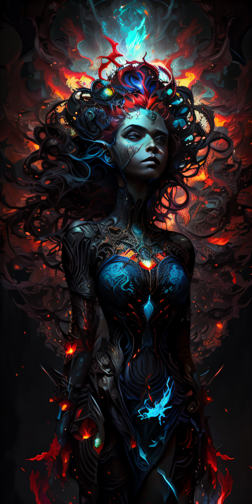صورة مولدة بالذكاء الاصطناعي: Deliberate prompt: arafed woman with a black body and a blue dress wi... (نموذج Deliberate - فن مفاهيمي)